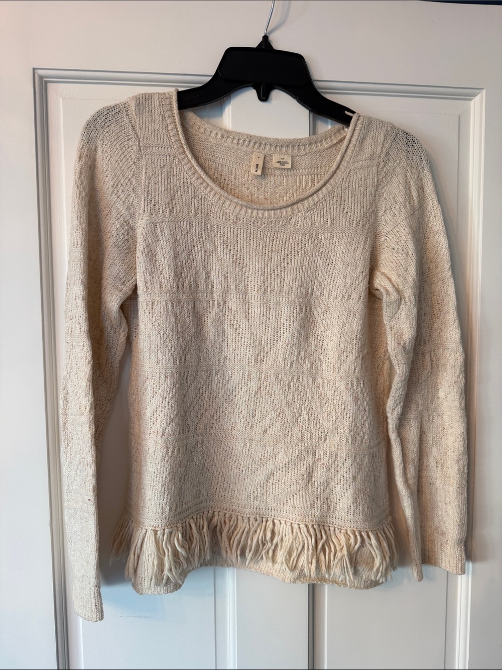 Anthropologie Cream Fringe-Hem Scoop Sweater